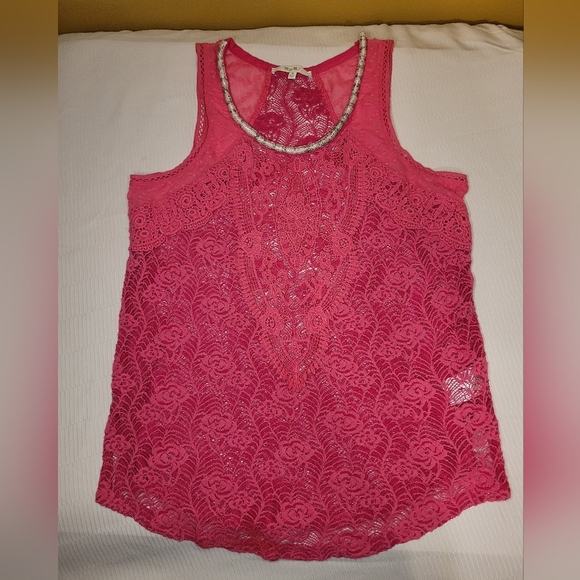 Miss me Pink Boho Western Crochet Floral Open Knit Beaded Top sz M MDT717T - Picture 1 of 8